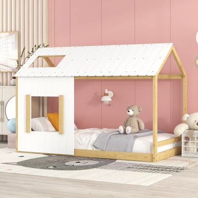 House Bed,Twin Size House Platform Canopy Bed Pine Wood Frame Bed with Roof and Window,for Teens Girls Boys,Easy Assembly (White+Natural, Twin)