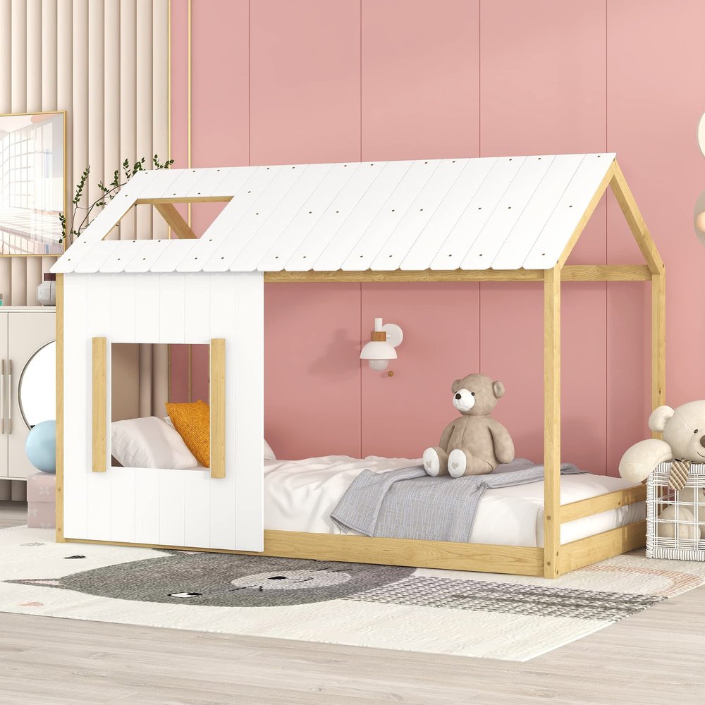 House Bed,Twin Size House Platform Canopy Bed Pine Wood Frame Bed with Roof and Window,for Teens Girls Boys,Easy Assembly (White+Natural, Twin)