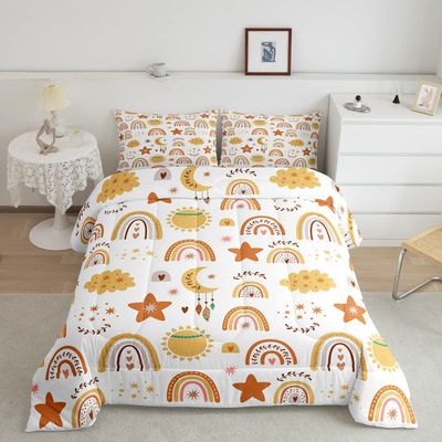 Rainbow Comforter Set, Sun Moon And Stars Duvet Insert Twin Size For Kids Girls Boys Teens Bedroom Decor, Bohemian Dream Catcher Feather Down Comforter Iridescent Branches Cartoon Quilt, Gold Yellow