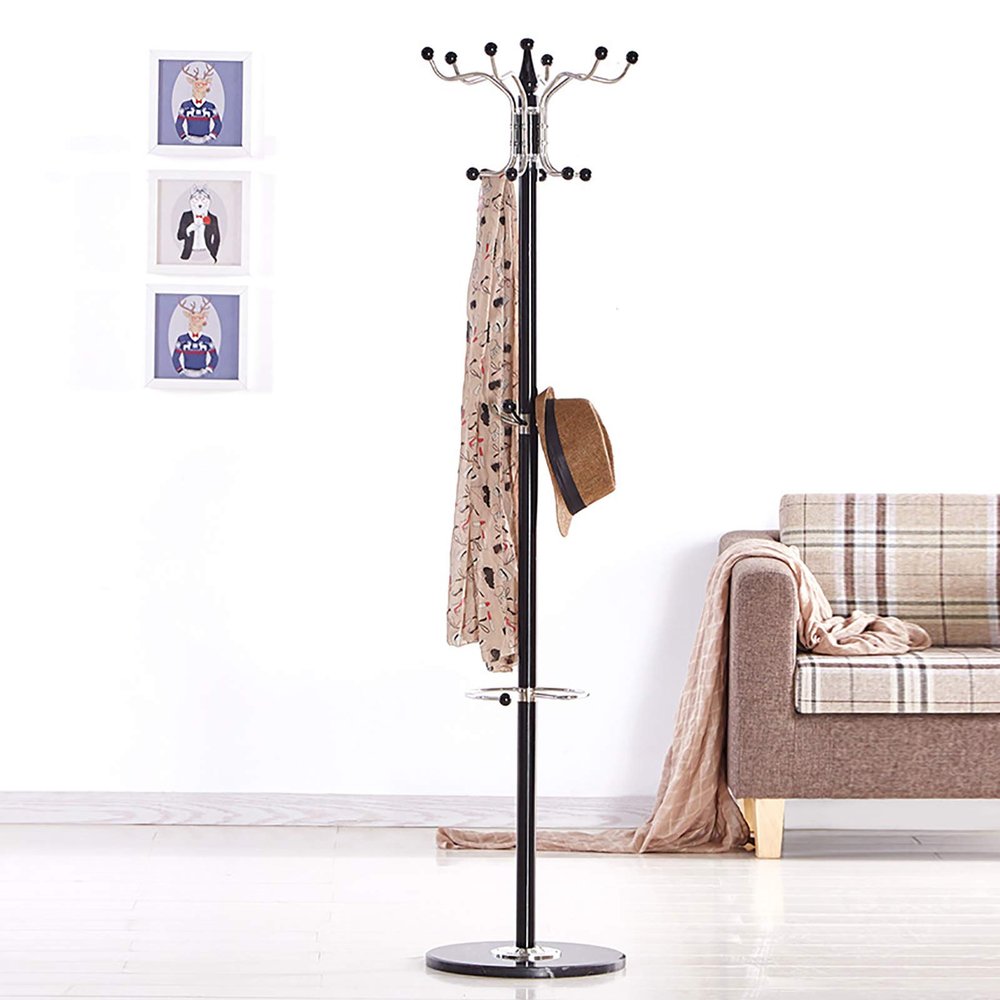 LOYALHEARTDY Metal Coat Rack Stand Hat Rack Freestanding Coat Rack Disc Base Hat Storage Coat Hanger Tree 16 Hook for Coats, Scarves, Hats, Handbags, Umbrellas, Keys (Black)