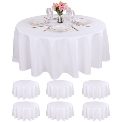 Kesfey 6 Packs 120 Inchs Polyester White Round Table Cloths Wrinkle Resistant Tablecloth Washable Banquet Tablecovers splashproof High Density Table Covers Fabric Tablecloths for Wedding Birthday