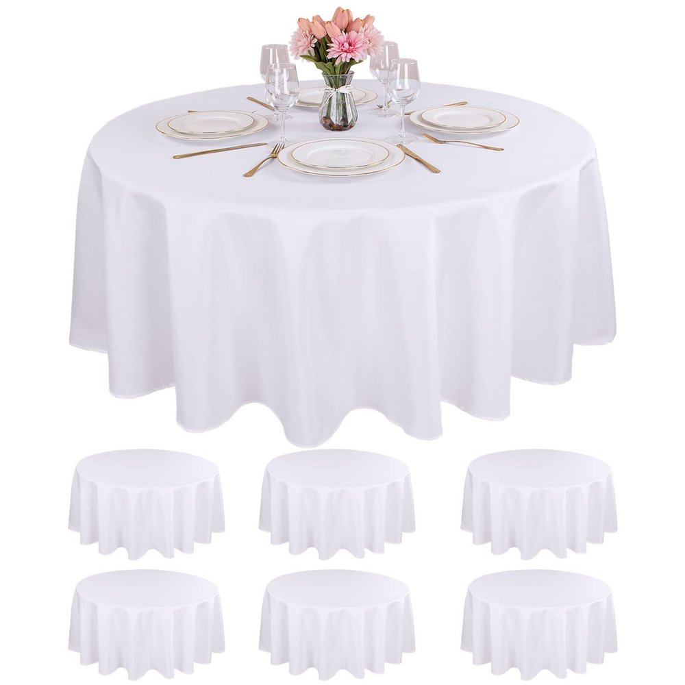 Kesfey 6 Packs 120 Inchs Polyester White Round Table Cloths Wrinkle Resistant Tablecloth Washable Banquet Tablecovers splashproof High Density Table Covers Fabric Tablecloths for Wedding Birthday