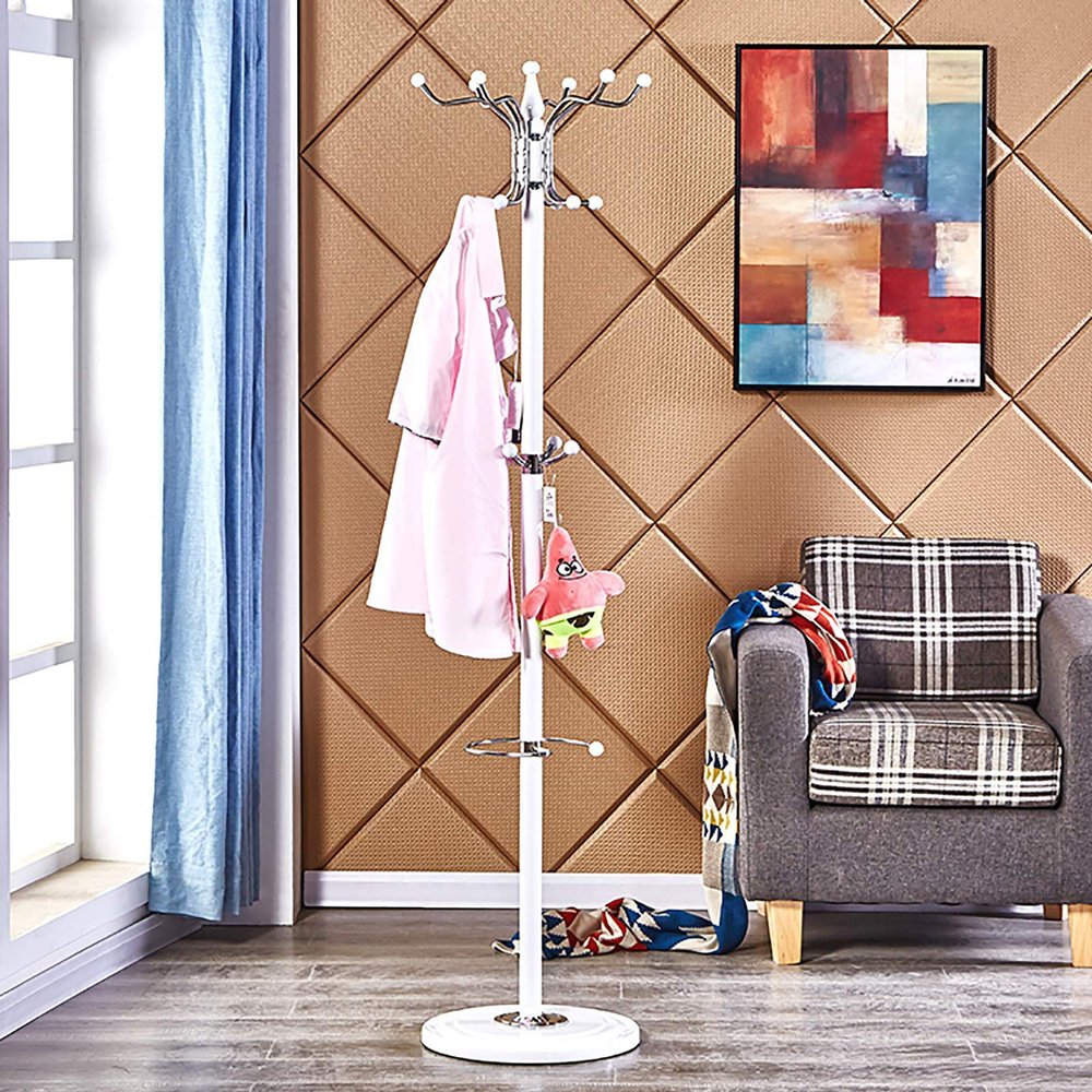 LOYALHEARTDY Metal Coat Rack Stand Hat Rack Freestanding Coat Stand Disc Base Hat Hanger Tree 16 Hook for Scarves, Handbags, Umbrellas, Keys (White)