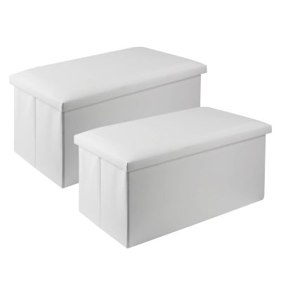 ECOMEX Folding Storage Ottoman Bench, 30 Inches Folding Ottoman Storage Bench with Tray, Faux Leather Long Storage Chest, Faux Leather Ottoman Bench with Storage for Bedroom, Hallway,2 PCS (White)