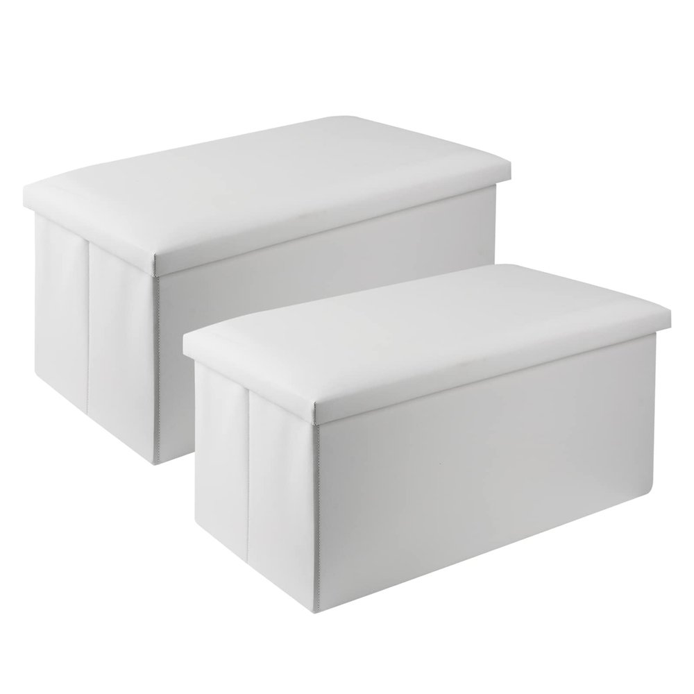 ECOMEX Folding Storage Ottoman Bench, 30 Inches Folding Ottoman Storage Bench with Tray, Faux Leather Long Storage Chest, Faux Leather Ottoman Bench with Storage for Bedroom, Hallway,2 PCS (White)
