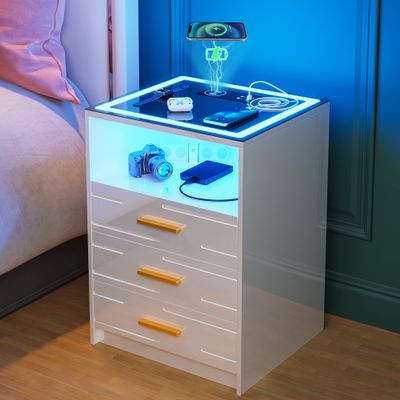 Lvifur High Gloss Nightstand with Wireless Charging Station&LED for Bedroom White,Bedside Table with 3 Color Dimmable Auto Sensor & USB & Type-C Ports and 3 Drawer for Office