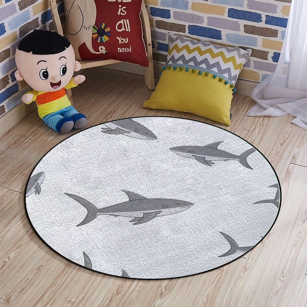 Aqua Round Carpet Playmat - Play Learn and Have Fun Safely,Crawling Mat, Educational Soft Rug, Shower/Birthday Gift, Various Fish Predators Sea Animals Cartoon,Black White Grey Diameter 60 in