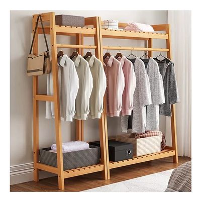 Coat Rack with Storage with 2 Side Hooks, Easy to Assemble, Clothes Hanging Rack with 4 Shelf (Log Color)