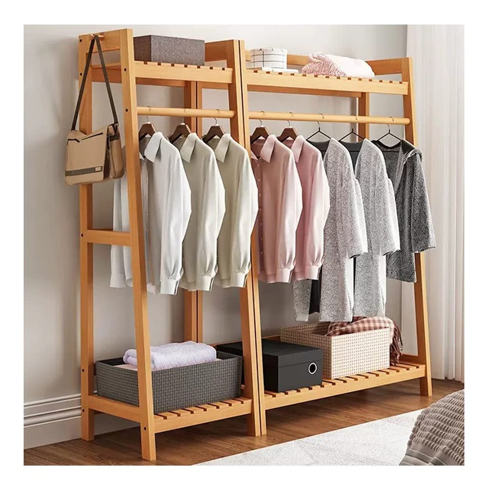 Coat Rack with Storage with 2 Side Hooks, Easy to Assemble, Clothes Hanging Rack with 4 Shelf (Log Color)