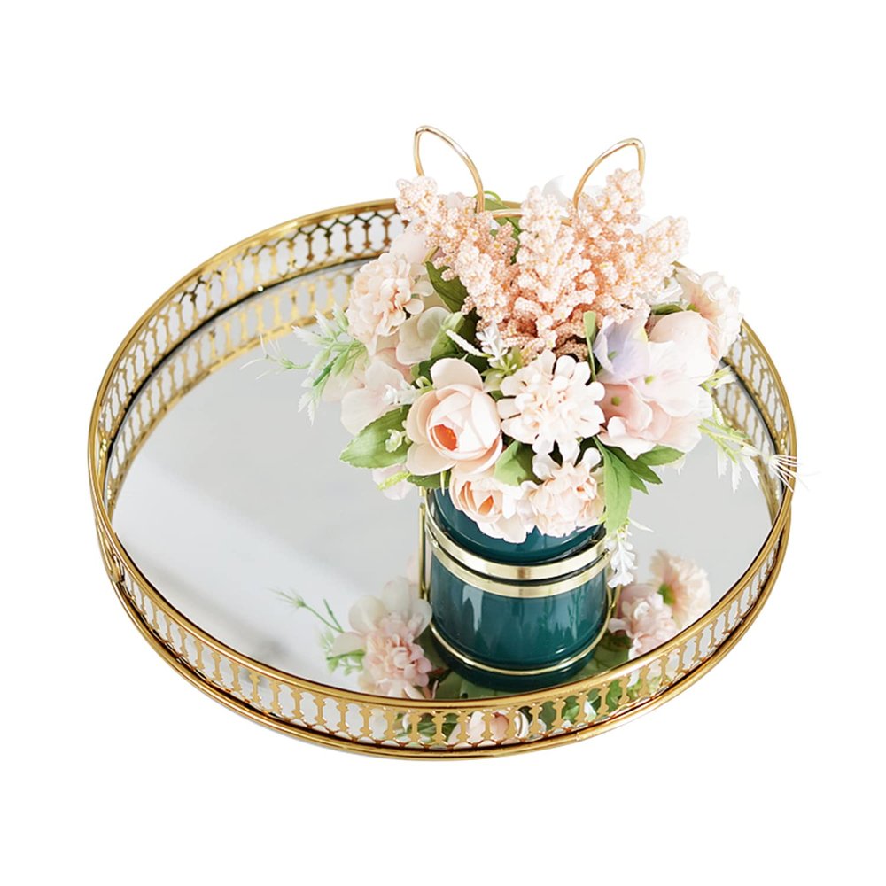 9.81.7in Round Decorative Mirror Tray American Style Makeup Organizer Jewelry Organizer Serving Tray with Decorative Geometric Shape Side for Whiskey Decanter, Vanity Set, Perfume Tray
