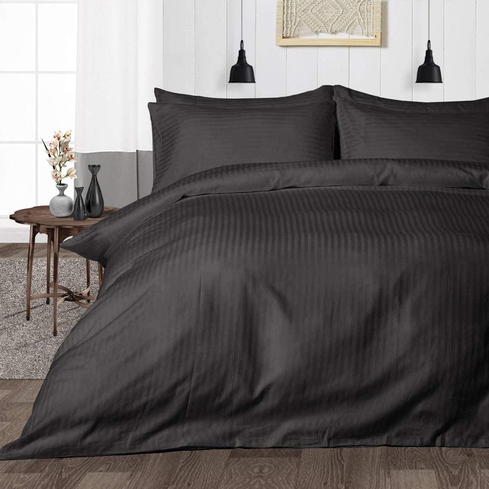 British Linen's - 100% Egyptian Cotton Duvet Cover Set, 3 Piece Luxury Soft Comforter Bedding Set with Zipper Closure & 600 Thread Count Quilt Cover Sets - Dark Grey Stripe, Queen.