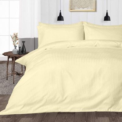 British Linen's - 100% Egyptian Cotton Duvet Cover Set, 3 Piece Luxury Soft Comforter Bedding Set with Zipper Closure & 400 Thread Count Quilt Cover Sets - Ivory Stripe, Queen.