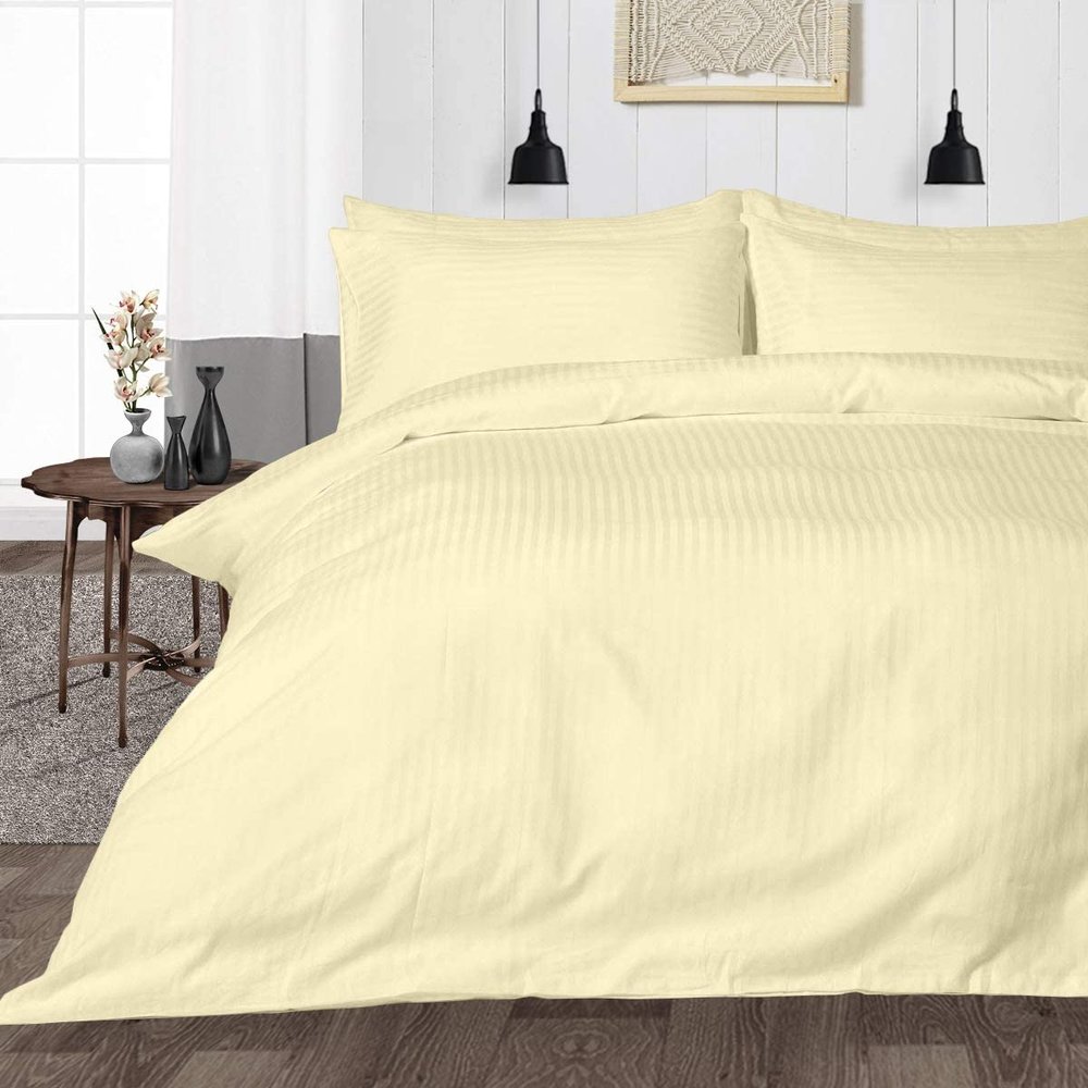 British Linen's - 100% Egyptian Cotton Duvet Cover Set, 3 Piece Luxury Soft Comforter Bedding Set with Zipper Closure & 400 Thread Count Quilt Cover Sets - Ivory Stripe, Queen.