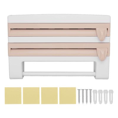 4 In 1 Wall Mount Paper Towel Holder, Kitchen Plastic Wrap Cling Film Multifunctional Storage Cutting Rack Sauce Bottle Storage Holder for Household Home Kitchen(Brown)