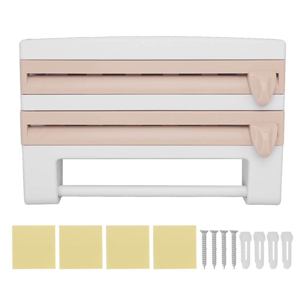 4 In 1 Wall Mount Paper Towel Holder, Kitchen Plastic Wrap Cling Film Multifunctional Storage Cutting Rack Sauce Bottle Storage Holder for Household Home Kitchen(Brown)