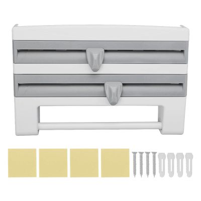 4 In 1 Wall Mount Paper Towel Holder, Kitchen Plastic Wrap Cling Film Multifunctional Storage Cutting Rack Sauce Bottle Storage Holder for Household Home Kitchen(Gray)