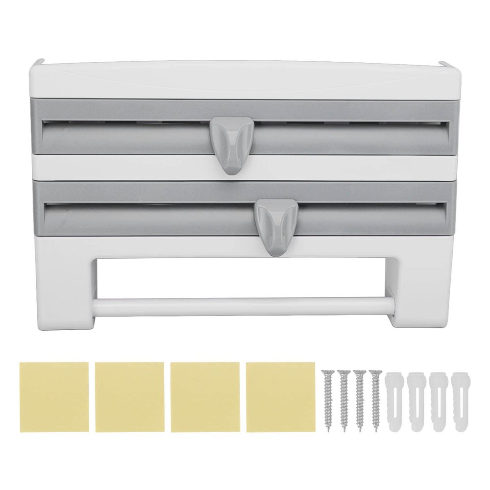 4 In 1 Wall Mount Paper Towel Holder, Kitchen Plastic Wrap Cling Film Multifunctional Storage Cutting Rack Sauce Bottle Storage Holder for Household Home Kitchen(Gray)