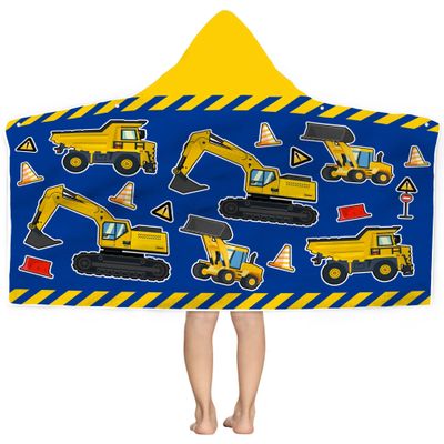 Kids Beach Towel With Hood - Excavators Vehicles Engineering Theme for Boys Girls, Microfiber Soft Bath Poncho Bathrobe Wrap Robe for Swim Pool - Cool Children's Gift