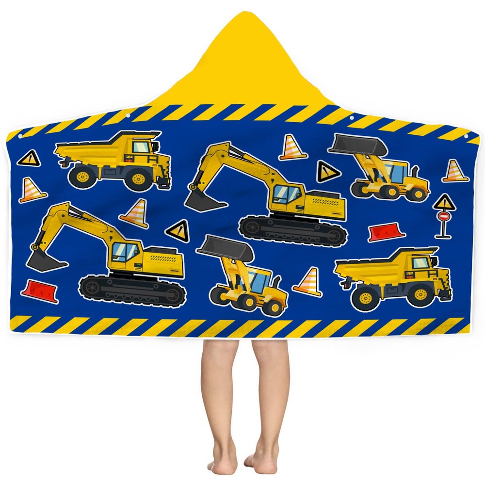 Kids Beach Towel With Hood - Excavators Vehicles Engineering Theme for Boys Girls, Microfiber Soft Bath Poncho Bathrobe Wrap Robe for Swim Pool - Cool Children's Gift