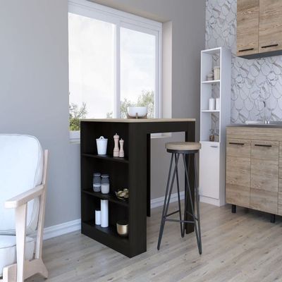 Toledo Kitchen Counter Dining Table, Three Side Shelves, Black Wengue and Pine Finish