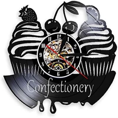 Black Vinyl Wall Clock 12Inch Foods Design Vinyl Record Wall Clock Modern Dersert Decorative Kitchen Hanging Watch Handmade Wall Decor Cake Lover Gifts