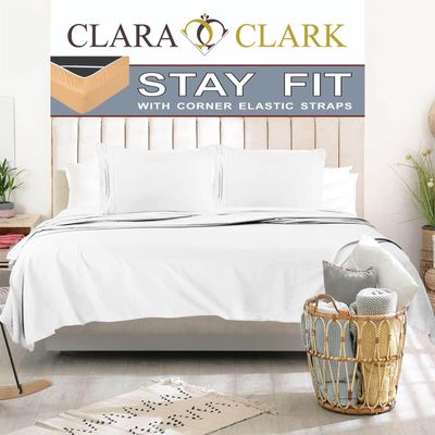 Clara Clark 1800 Series Bed Sheet Sets - Stay fit on Mattress with Elastic Straps at Corners - King, White