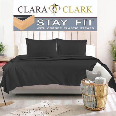 Clara Clark 1800 Series Bed Sheet Sets - Stay fit on Mattress with Elastic Straps at Corners - California King, Black