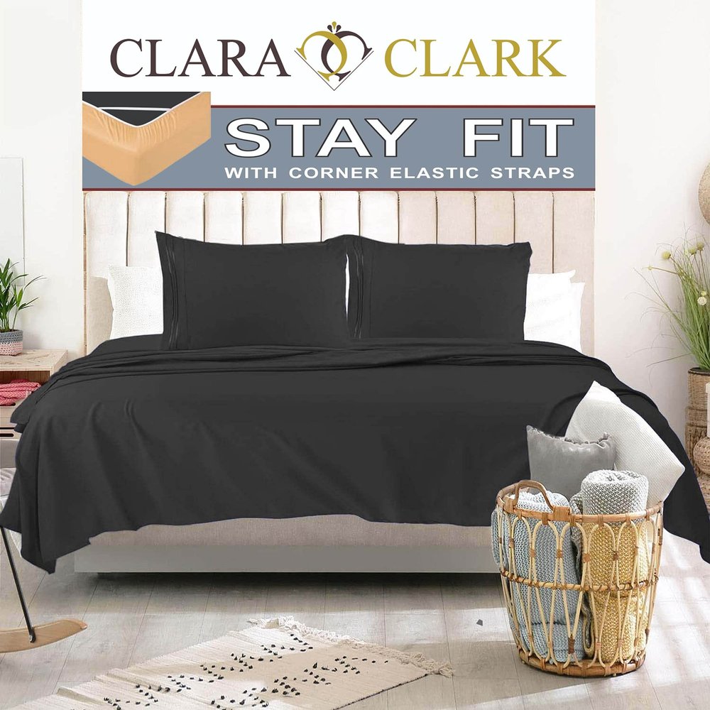 Clara Clark 1800 Series Bed Sheet Sets - Stay fit on Mattress with Elastic Straps at Corners - King, Black