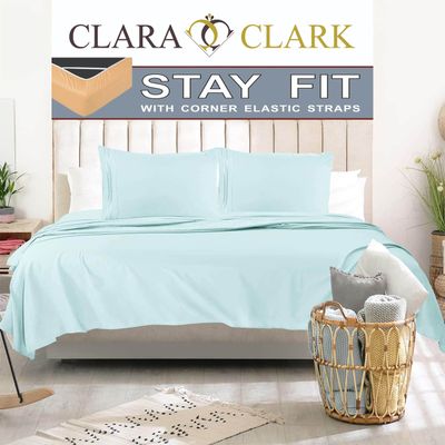 Clara Clark 1800 Series Bed Sheet Sets - Stay fit on Mattress with Elastic Straps at Corners - King, Light Blue