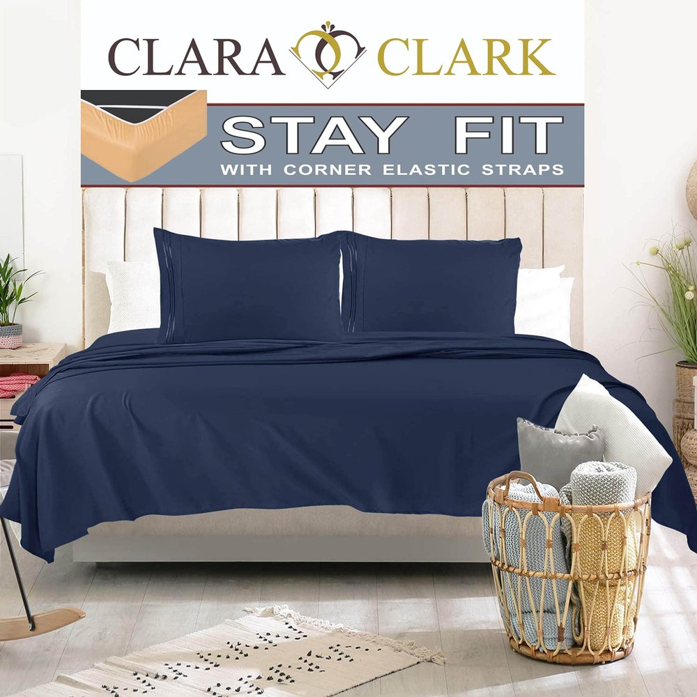 Clara Clark 1800 Series Bed Sheet Sets - Stay fit on Mattress with Elastic Straps at Corners - King, Navy Blue
