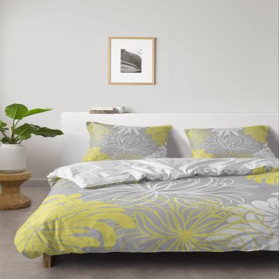4 Piece Full Nature Yellow White Chrysanthemum Flower Breathable Comforter Covers Ultra Soft Bed Sheet with Decoretive 2 Pillow Shams Bedding Collection Sets Abstract Floral Grey