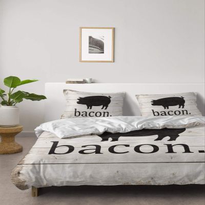4 Piece California King Farm Pig Bacon Text on Retro Wood Grain Breathable Comforter Covers Ultra Soft Bed Sheet with Decoretive 2 Pillow Shams Bedding Collection Sets Vintage Country Animal