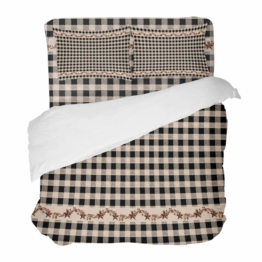 4 Piece California King Western Country Star Farm Berry Plant Breathable Comforter Covers Ultra Soft Bed Sheet with Decoretive 2 Pillow Shams Bedding Collection Sets Retro Black Beige Buffalo Gingham