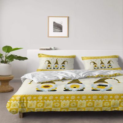 4 Piece Full Spring Cute Gnome Farm Yellow Bee Breathable Comforter Covers Ultra Soft Bed Sheet with Decoretive 2 Pillow Shams Bedding Collection Sets Flowers Animals Plaid