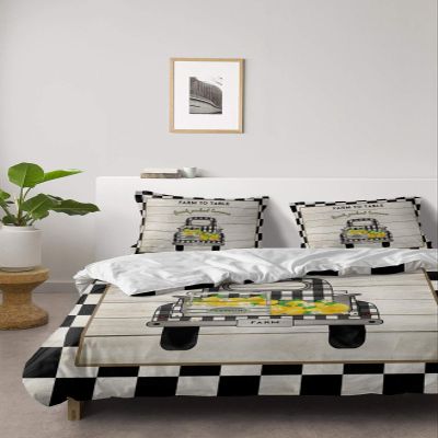 4 Piece California King Vintage Yellow Lemon on Truck Breathable Comforter Covers Ultra Soft Bed Sheet with Decoretive 2 Pillow Shams Bedding Collection Sets Retro Buffalo Cheque