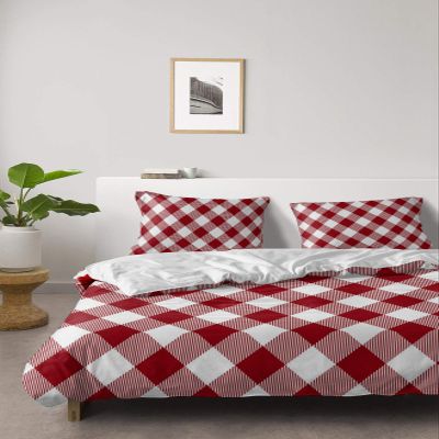 4 Piece Full Pastoral Red White Buffalo Lattice Plaid Breathable Comforter Covers Ultra Soft Bed Sheet with Decoretive 2 Pillow Shams Bedding Collection Sets Modern Retro Checker