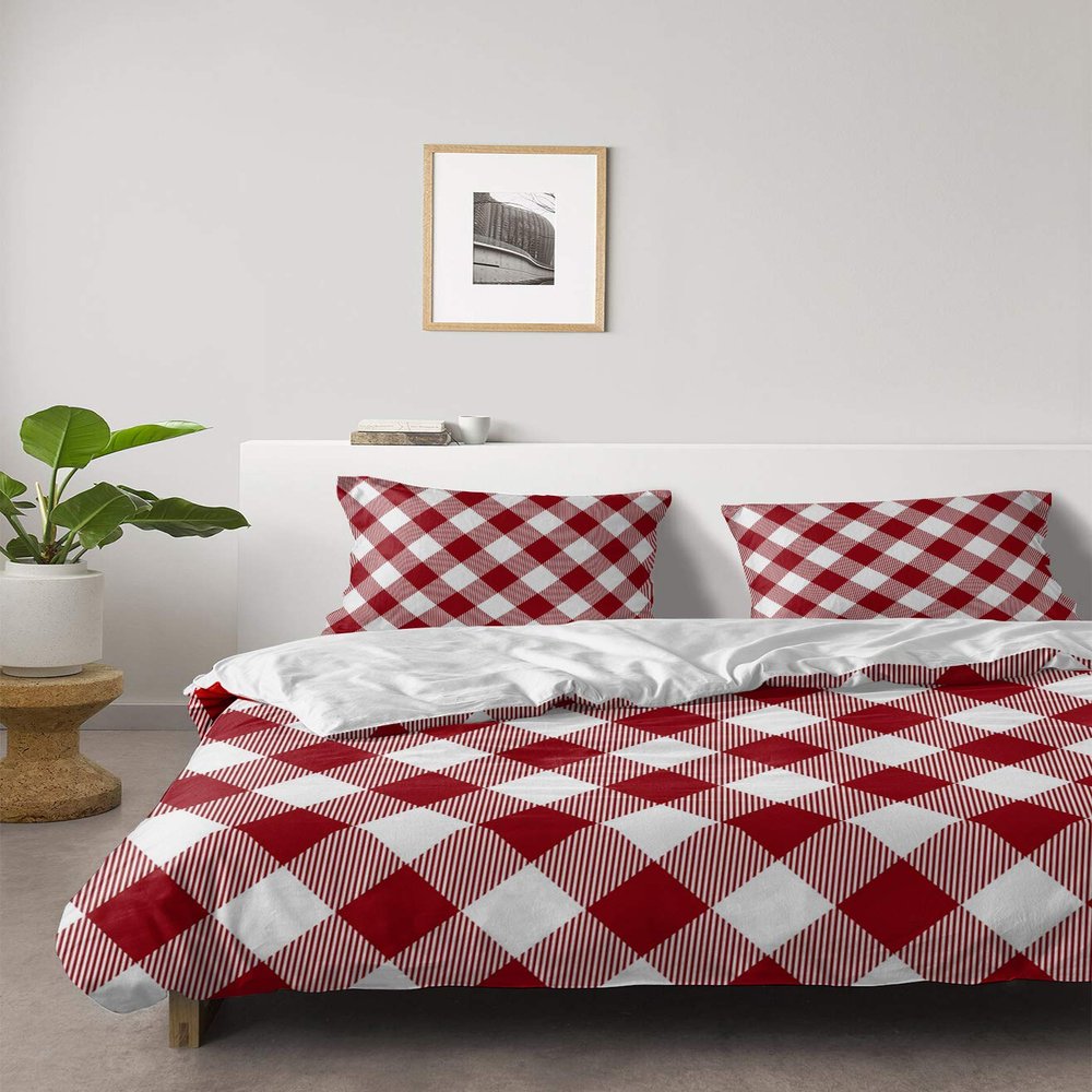 4 Piece Full Pastoral Red White Buffalo Lattice Plaid Breathable Comforter Covers Ultra Soft Bed Sheet with Decoretive 2 Pillow Shams Bedding Collection Sets Modern Retro Checker