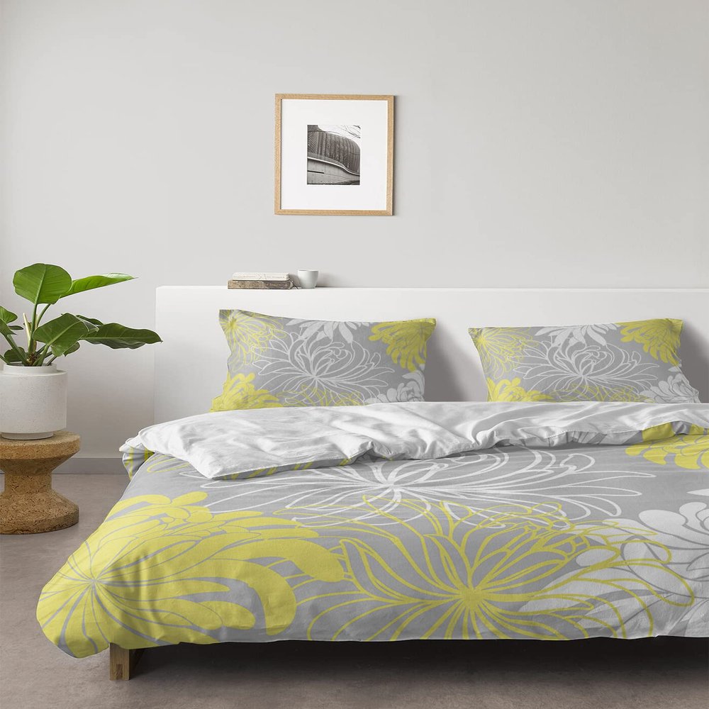 4 Piece California King Nature Yellow White Chrysanthemum Flower Breathable Comforter Covers Ultra Soft Bed Sheet with Decoretive 2 Pillow Shams Bedding Collection Sets Abstract Floral Grey