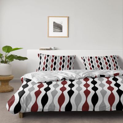 4 Piece Full Mid Century Raindrop Striped Breathable Comforter Covers Ultra Soft Bed Sheet with Decoretive 2 Pillow Shams Bedding Collection Sets Burgundy Red Grey Black