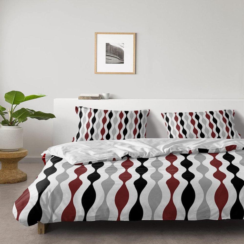4 Piece Full Mid Century Raindrop Striped Breathable Comforter Covers Ultra Soft Bed Sheet with Decoretive 2 Pillow Shams Bedding Collection Sets Burgundy Red Grey Black