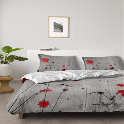 4 Piece California King Farmhouse Red Poppy Flower Wood Plank Breathable Comforter Covers Ultra Soft Bed Sheet with Decoretive 2 Pillow Shams Bedding Collection Sets Blossom Wild Floral