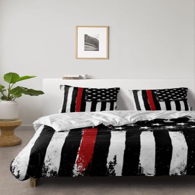 4 Piece Full American Red Line Flag Law Enforcement Breathable Comforter Covers Ultra Soft Bed Sheet with Decoretive 2 Pillow Shams Bedding Collection Sets White Stars Striped on Black
