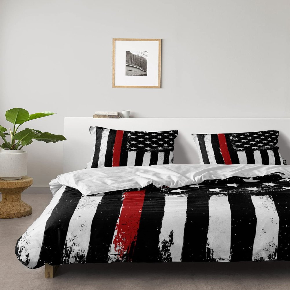 4 Piece Full American Red Line Flag Law Enforcement Breathable Comforter Covers Ultra Soft Bed Sheet with Decoretive 2 Pillow Shams Bedding Collection Sets White Stars Striped on Black