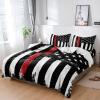 4 Piece Full American Red Line Flag Law Enforcement Breathable Comforter Covers Ultra Soft Bed Sheet with Decoretive 2 Pillow Shams Bedding Collection Sets White Stars Striped on Black view 3