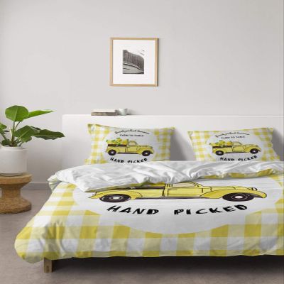 4 Piece California King Farmhouse Country Truck with Lemon Breathable Comforter Covers Ultra Soft Bed Sheet with Decoretive 2 Pillow Shams Bedding Collection Sets Summer Fruit Yellow White Plaid