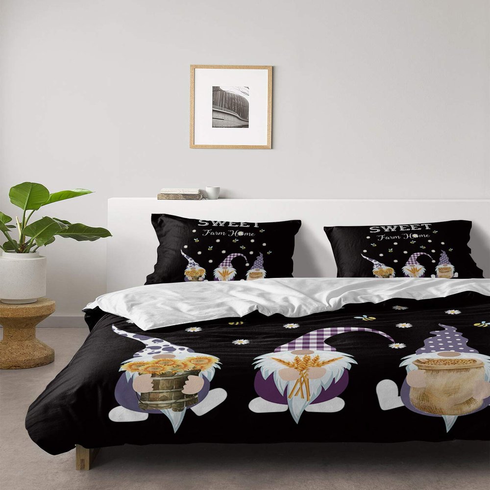 4 Piece California King Spring Flower and Cute Gnome Sweet Bee Breathable Comforter Covers Ultra Soft Bed Sheet with Decoretive 2 Pillow Shams Bedding Collection Sets Black