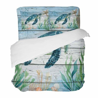 4 Piece California King Watercolor Ocean Blue Turtle Starfish Seaweed Breathable Comforter Covers Ultra Soft Bed Sheet with Decoretive 2 Pillow Shams Bedding Collection Sets Chic Wood Grain