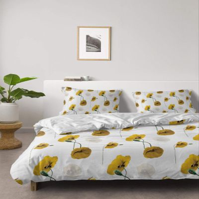 4 Piece California King Abstract Poppy Flower Blossom Breathable Comforter Covers Ultra Soft Bed Sheet with Decoretive 2 Pillow Shams Bedding Collection Sets Yellow Wild Floral