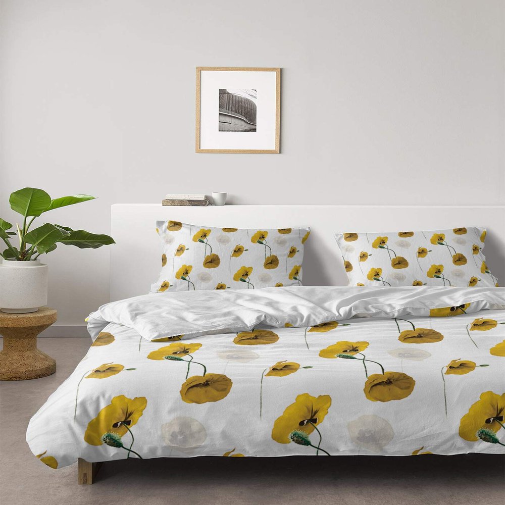 4 Piece California King Abstract Poppy Flower Blossom Breathable Comforter Covers Ultra Soft Bed Sheet with Decoretive 2 Pillow Shams Bedding Collection Sets Yellow Wild Floral
