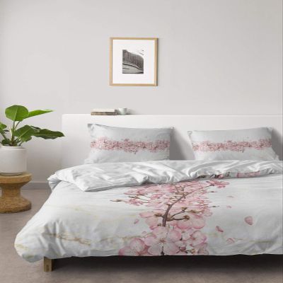 4 Piece California King Spring Peach Blossom Abstract Marble Breathable Comforter Covers Ultra Soft Bed Sheet with Decoretive 2 Pillow Shams Bedding Collection Sets Nature Floral Stone Art